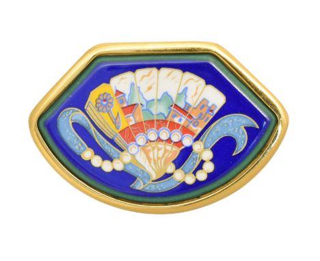 A Hermès enamel brooch, the blue enamel brooch with vari shade fan motif and gold tone border, signed Hermès.Length 4.5cmQty: