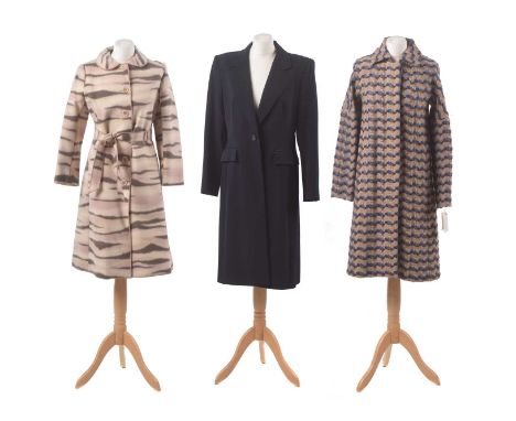 Three designer coats, to include a cream, pink and grey wool coat by Moschino, a navy blue mid length coat by Ronit Zilkha, a