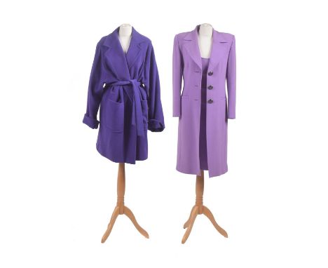 Two designer coats, to include a purple woollen Louis Feraud coat, and a Gai Mattiolo two piece coat and dress in light purpl