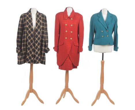 Three jackets by Caroline Charles, to include a green pure wool short jacket with double breasted gold tone knot button detai
