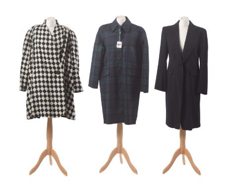 Three designer coats, to include a black and white coat by Karl Lagerfeld, a navy mid length coat by Donna Karan, and a blue 