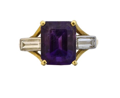 An 18ct gold amethyst and diamond three stone ring, An 18ct gold amethyst and diamond three stone ring, the rectangular shape