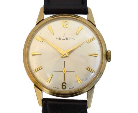 A 9ct gold Helvetia manual wind wristwatch, A 9ct gold Helvetia manual wind wristwatch, the signed dial with arabic and baton