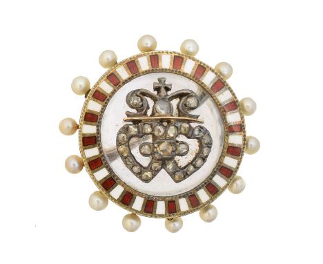 A Victorian enamel rock crystal and diamond brooch, A Victorian enamel rock crystal and diamond brooch, the rose cut diamond 