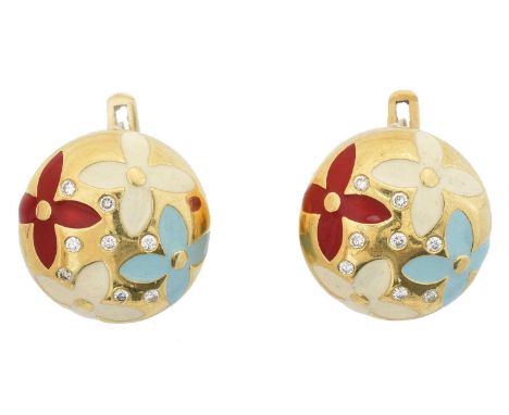 A pair of Italian enamel and diamond earrings, A pair of Italian enamel and diamond earrings, designed with vari shade enamel