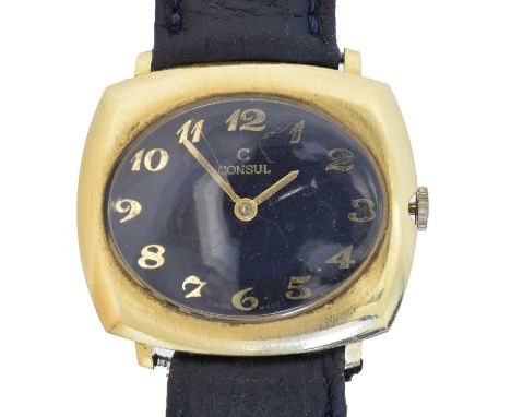 An 18ct gold Consul manual wind wristwatch, An 18ct gold Consul manual wind wristwatch, ref. 1067, the signed black dial with