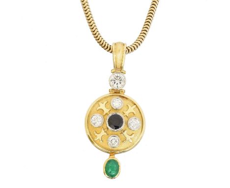 A diamond and gem-set pendant, A diamond and gem-set pendant, the oval shape emerald and circular shape sapphire duo within a