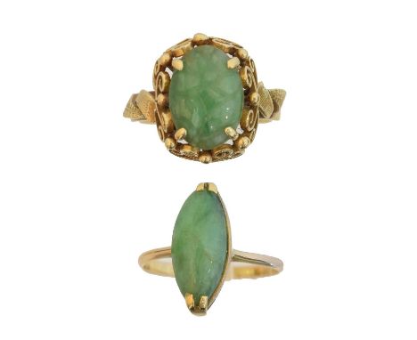 Two jade dress rings, Two jade dress rings, one set with a jade carving and one with a marquise jade cabochon, stamped 14k, r