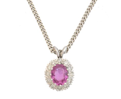 A pink sapphire and diamond pendant, A pink sapphire and diamond pendant, the oval shape pink sapphire weighing approx. 1.80c