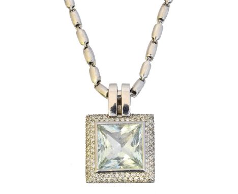 An 18ct gold aquamarine and diamond pendant, An 18ct gold aquamarine and diamond pendant, the square shape aquamarine weighin