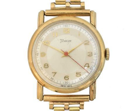 A 9ct gold Timor manual wind wristwatch,  A 9ct gold Timor manual wind wristwatch, the signed dial with arabic markers, red s