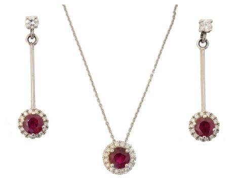 An 18ct gold ruby and diamond suite of jewellery, An 18ct gold ruby and diamond suite of jewellery, comprising a pendant on c