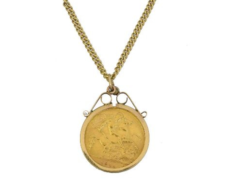 A George V half sovereign,  A George V half sovereign, dated 1911, within a 9ct gold pendant mount, suspended from a 9ct gold