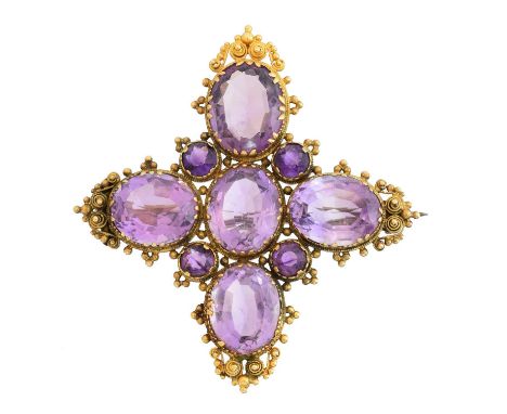 A 19th century amethyst cross brooch, A 19th century amethyst cross brooch, the oval and circular shape amethyst cross within