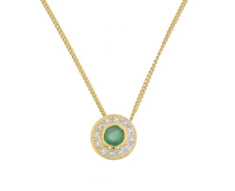 An emerald and diamond pendant, An emerald and diamond pendant, the circular shape emerald within a brilliant cut diamond sur