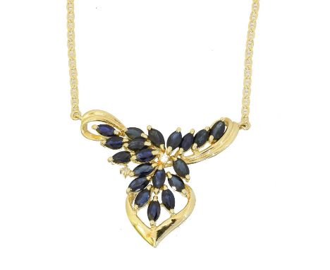 An 18ct gold sapphire and diamond necklace, An 18ct gold sapphire and diamond necklace, designed as a marquise shape sapphire