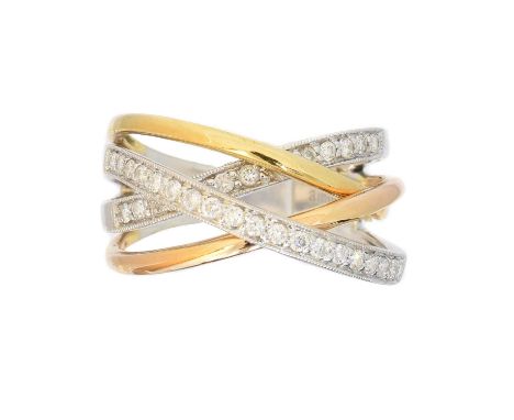 An 18ct gold diamond band ring,  An 18ct gold diamond band ring, of tri-colour design, the brilliant cut diamond lines with p