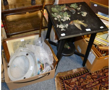 An ebonised occasional table, handpainted birds and floral decoration; with a twin-handled tray; a silver-plated topped cane;