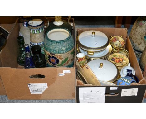 A group of ceramics and glass including Aynsley part tea service, dinner wares, Victorian coloured glass bottles, a pair of A