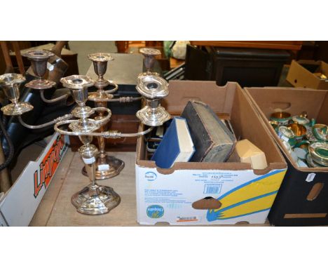 Two cased silver collared knives, mother-of-pearl handled cased fruit knives and forks, pair of plated three-light candelabra