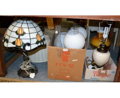 Five oil lamps converted to electricity, three further oil lamps and a table lamp with a Tiffany style shade (9)