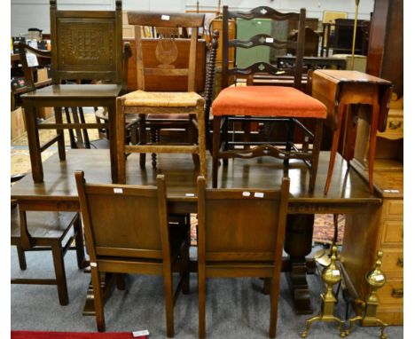 A spindle back child's chair; a rush seated chair; a ladder back dining chair; a small drop leaf occasional table; a dwarf th