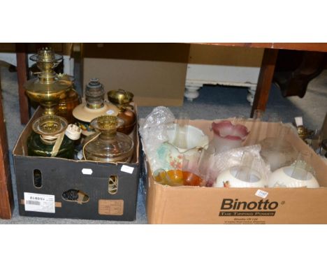 Six Victorian oil lamps including brass and glass examples (three converted to electricity) together with three ceramic oil l