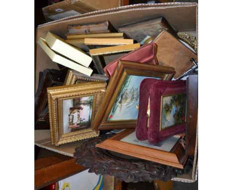 A box of reproduction portrait miniatures and oils, a quantity of assorted frames and a reproduction deck quartz timepiece