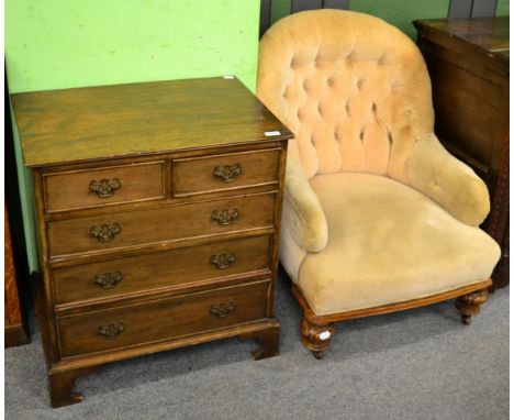 A George III style small four height chest of drawers and a Victorian walnut button back bedroom armchair (2)