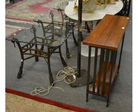A set of three Bronzed Effect Metal and Glass Top Lamp Tables, Modern, with splayed legs and scrolled handles, 65cm by 65cm b