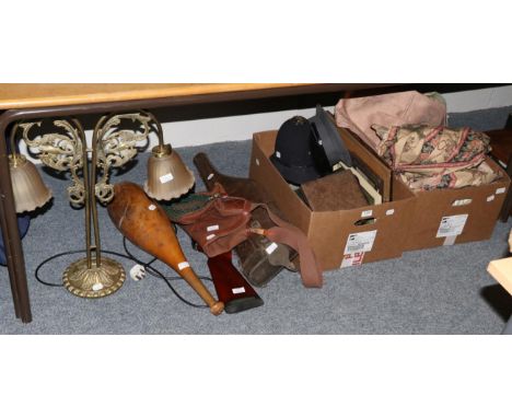 A quantity of items including a leather gun case; BSA Meteor Airgun; two hats; fishing bag; metalware; plated flatware; curta
