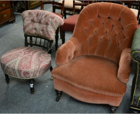 A Victorian button back armchair together with a Victorian ebonised and gilt decorated nursing/bedroom chair