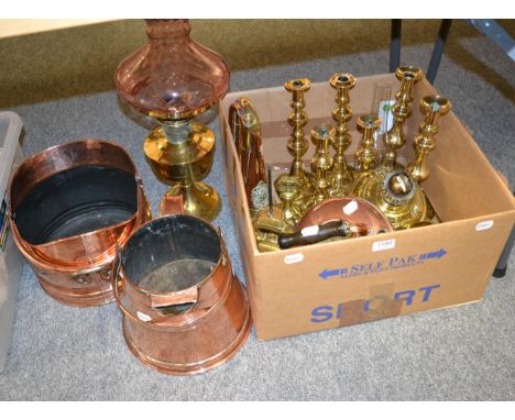 A group of 19th century copper and brass including an oil lamp, copper coal scuttle, etc