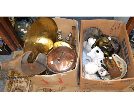 A 19th century mahogany tea caddy painted with a landscape vignette and a group 19th century and later brass, copper, ceramic