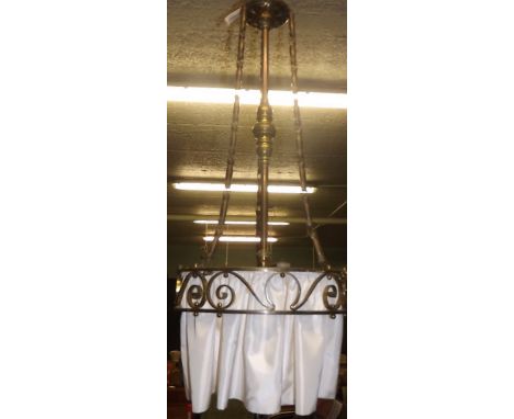 1920's brass electric hanging lamp with original cloth shade. 