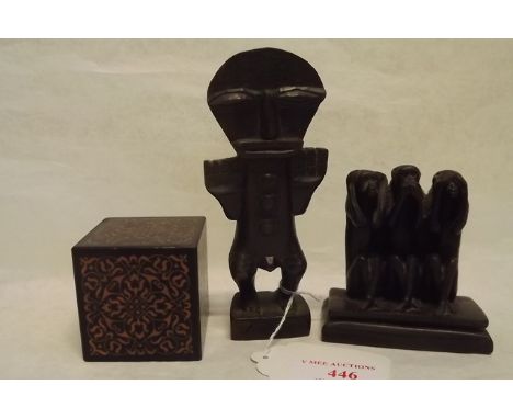 Two wooden Tribal Art figures and an copper inlaid cube. 