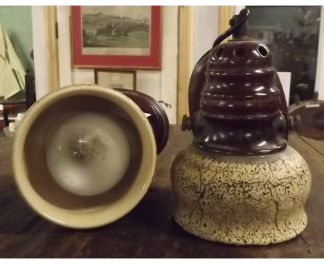 Unusual pair of Art Deco wall lamps with pottery shades. 