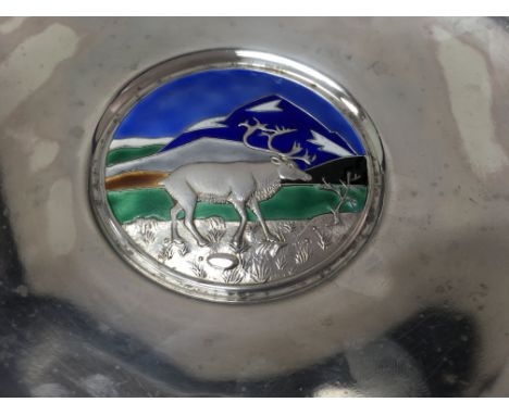 A Norwegian silver dish the centre with enamel decorated scenery of stag with mountain Total weight 186 grams. In a fitted ca