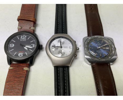 3 Gents watches including a vintage Buler, Audi issue wristwatch, Citizen Eco-Drive WR100.