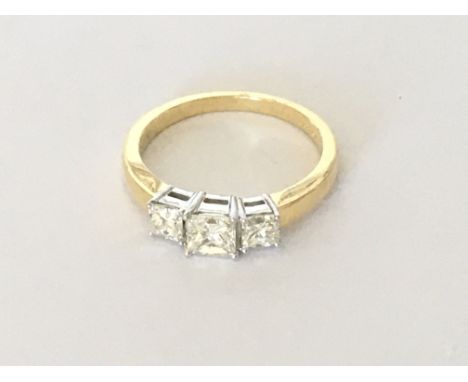 18ct yellow gold three stone Princess cut diamond ring. Diamonds 1.00ct