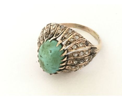 Large high carat yellow gold vintage cocktail ring set with a large turquoise and rose cut diamonds