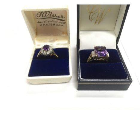 Two 9ct gold rings set with amethyst and diamond chips, approx total weight 7.3g and approx sizes P-Q and Q-R.