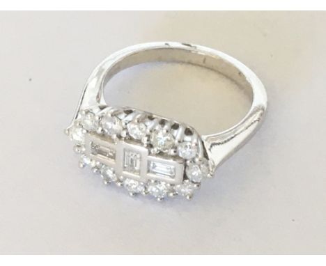 18ct white gold baguette and RBC diamond boat style cluster ring, diamonds 0.75ct
