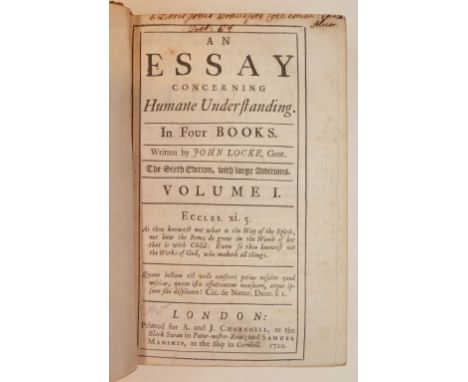 Locke (John). An Essay concerning Humane Understanding, 2 volumes in 1, 6th edition ('with large additions'), printed for A. 