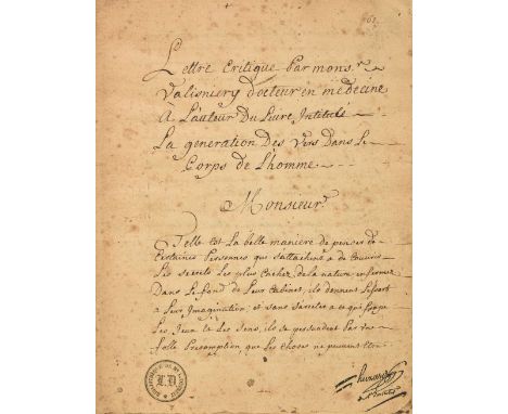 Vallisnieri, (Antonio, 1661-1730) . Lettre critique par monsr. Valisniery docteur en medecine à l'auteur du livre intitulé "L