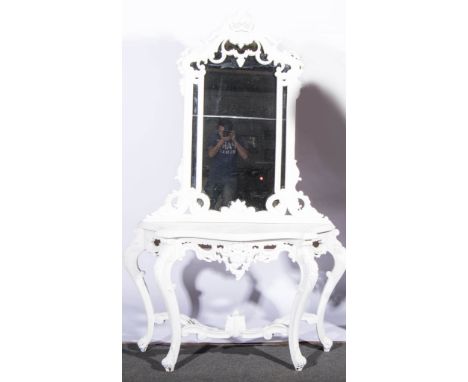 French style white painted pier glass and console table, scrolled outlines, console table with serpentine outlines, width ove