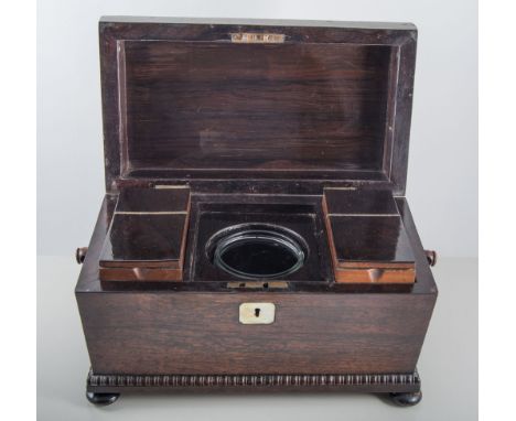 Victorian rosewood tea caddy, sarcophagus shape, length 35cms.
