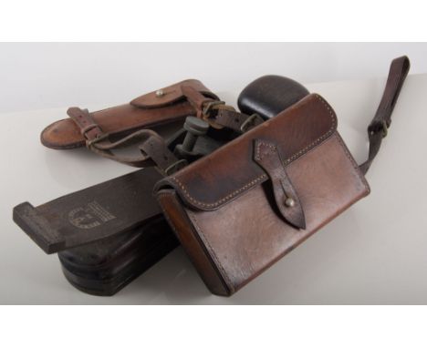 Equestrian interest: Metal sandwich box in leather belted case, boot jack, carpenter's tools, etc.