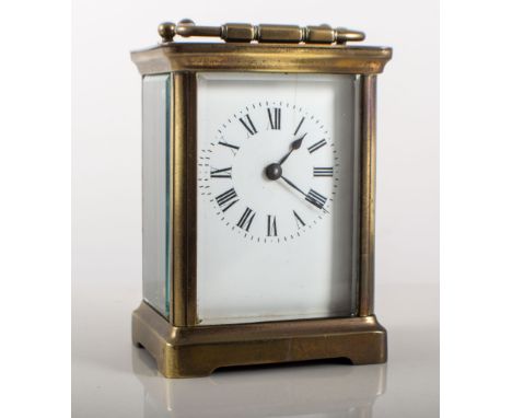 French brass cased carriage clock, white enamel dial, platform escapement.