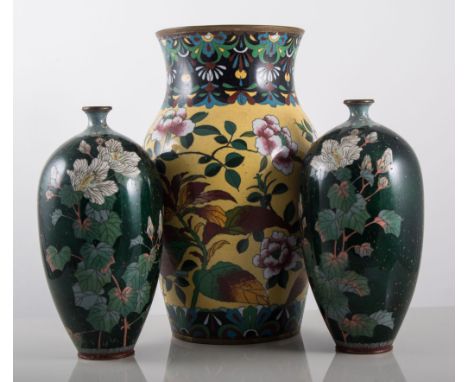 Pair of cloisonne vases, speckled black ground, floral pattern, cloisonne baluster yellow ground vase, a dish, covered bowls 